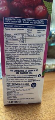 Cranberry and Raspberry Flavoured Juice Drink with Sugar and Sweetener